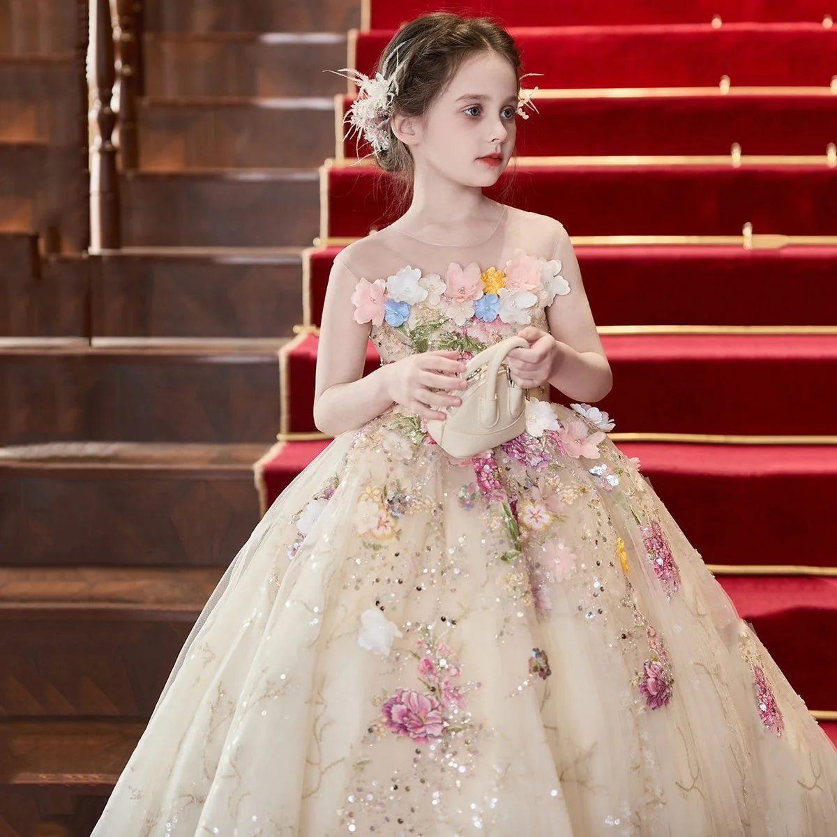 Elegant Girls Party Dress with Flowers for Girl Wedding Children Pageant Gown Dresses Little Host Piano Recital Flower Eids