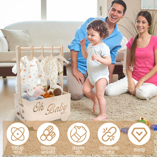 Wooden Baby Shower Box Wheel Equipped Baby Gear Pushable Storage Chest with Handle and Hanger for Clothes Diaper Toy