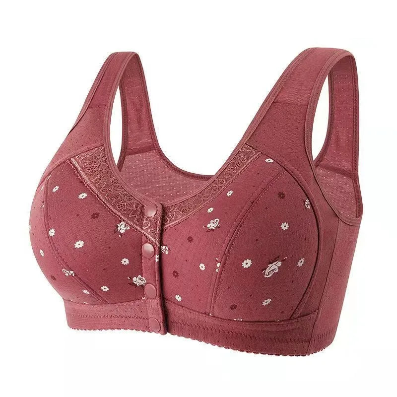 Women'S Underwear Without Steel Ring Bra Front Buckle Lace Border Printed Vest Bra Comfortable Soft Middle-Aged Elderly