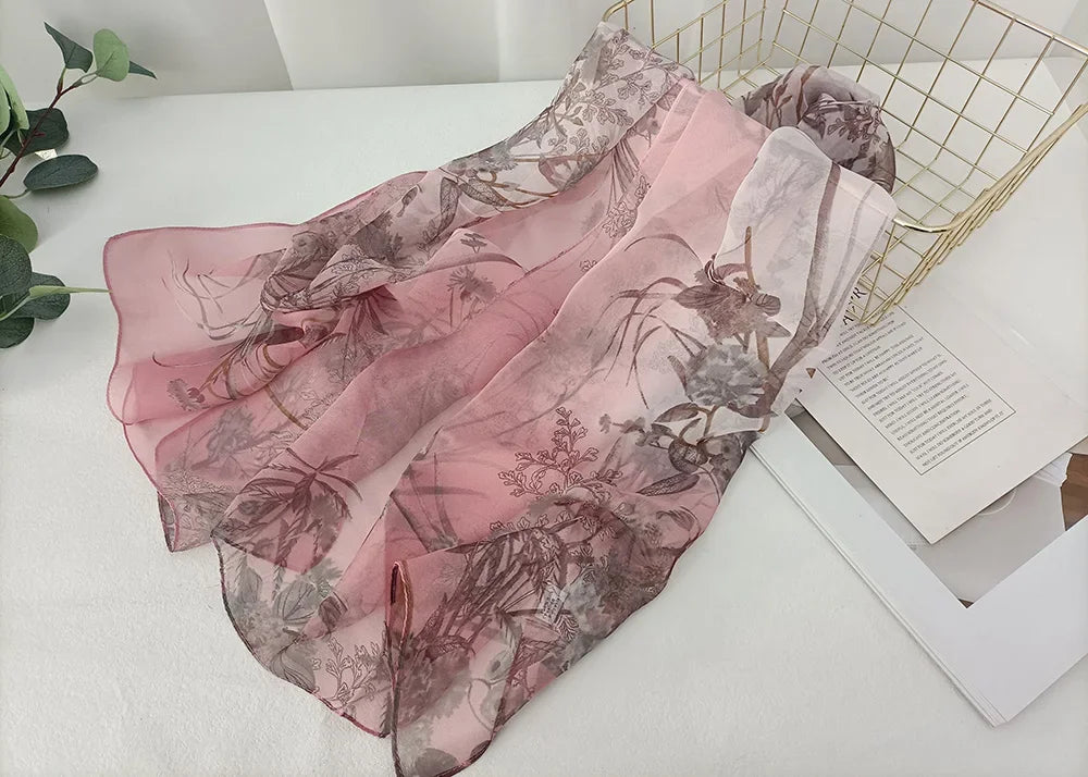 Women Elegant Chiffon Silk Scarves Fashion Versatile Flower Wraps Summer Beach Sunscreen Thin Scarf Georgette Bandana Hijab