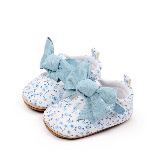 Infant Baby Girls Mary Jane Shoes Princess Floral Print Cute Big Bow Design Soft Non-Slip Baby First Walking Shoes
