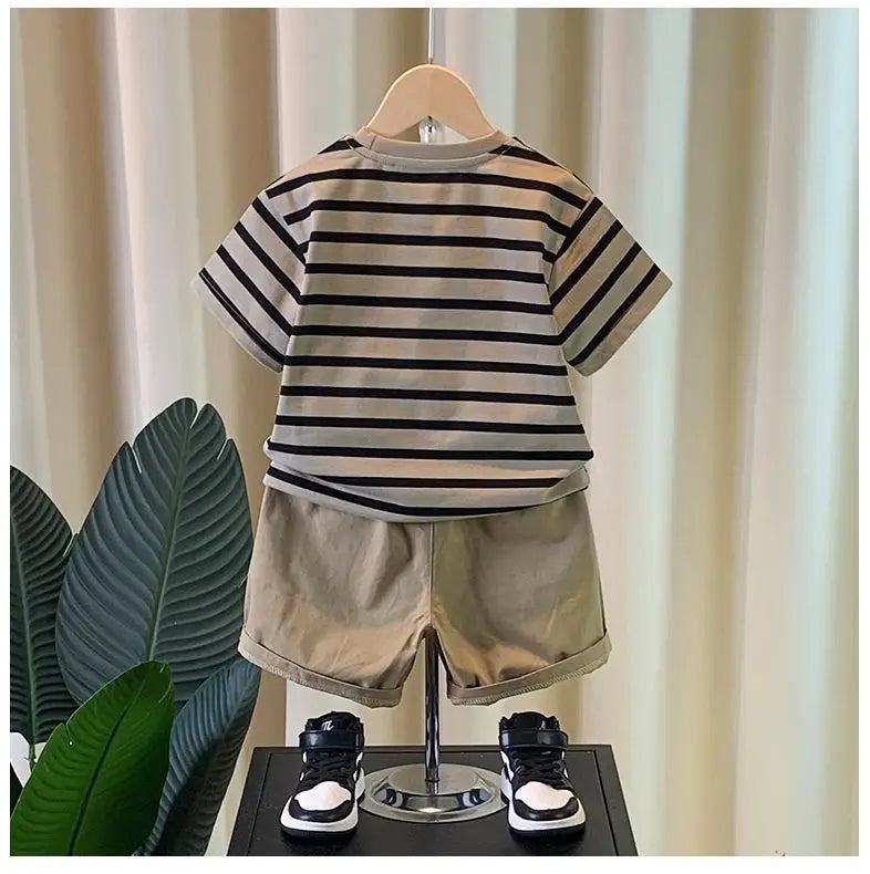 0-5 years old Boys' summer outfit set Summer short sleeved shorts New children's striped baby two-piece set