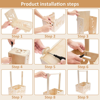 Wooden Baby Shower Box Wheel Equipped Baby Gear Pushable Storage Chest with Handle and Hanger for Clothes Diaper Toy