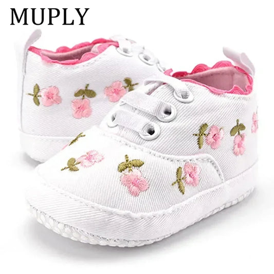 Baby Girls Shoes White Pink Floral Embroidered Soft Soles Shoes Prewalker Walking Toddler Casual Kids Shoes For Dropshipping