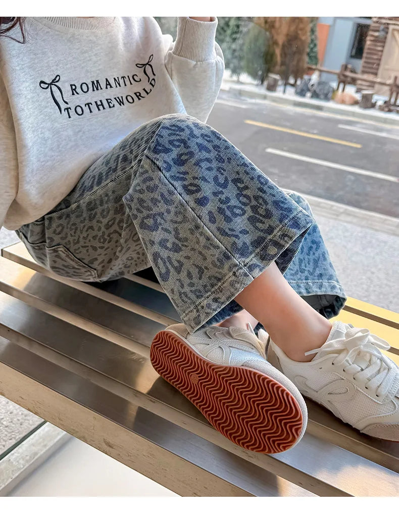 Girls' Pants 2025 New Children's Spring Clothing Spring and Autumn Fashionable Jeans Baby Girl Leopard Print Wide-leg Pants