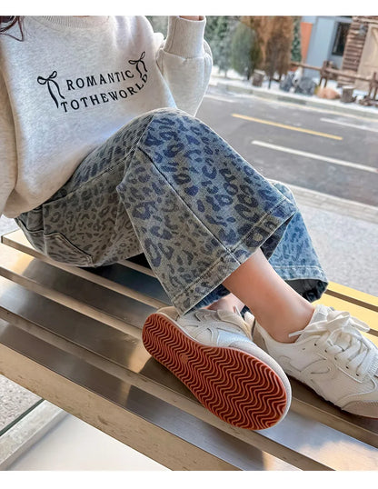 Girls' Pants 2025 New Children's Spring Clothing Spring and Autumn Fashionable Jeans Baby Girl Leopard Print Wide-leg Pants