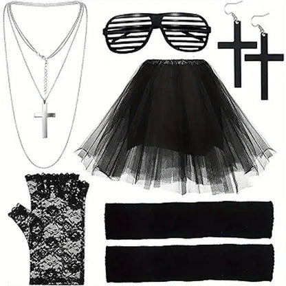 80s women's clothing accessories set includes a pompadour skirt striped glasses lace gloves leg sets earrings and necklaces