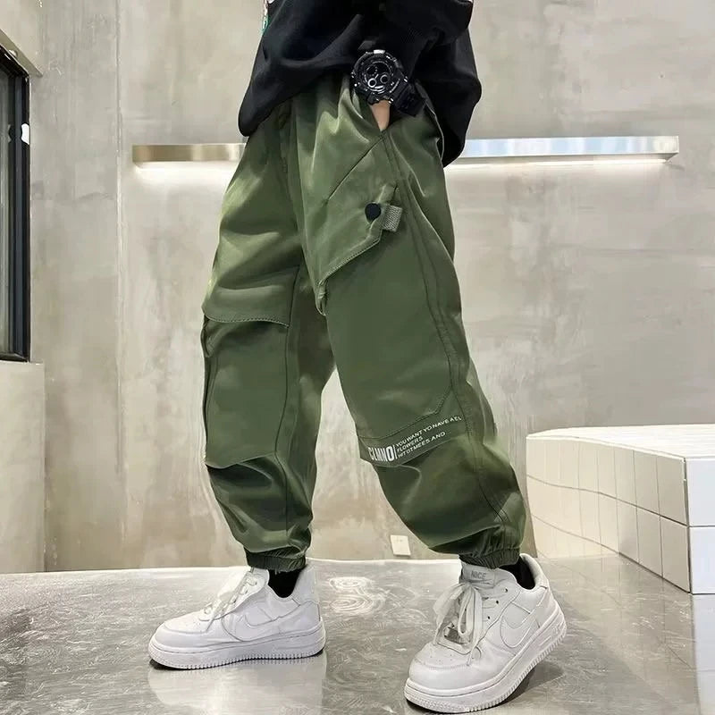 Boys Fashion Letter Print Cotton Cargo Pants 5-14 Years Spring Autumn Casual Sweatpants for Daily Outdoor Kids Clothes