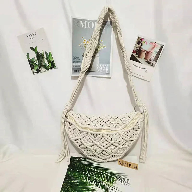 Women's Summer Beach Knitted Bag Bohemia Fanny Pack Fashion Ethnic Style Crochet Waist Bag Shoulder Bag Woven Outdoor Tote 2024