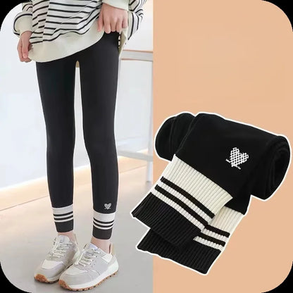 Girls Leggings Spring Autumn Casual Outerwear Pants 3-10Y Heart Pattern Ribbed Cuffs Kids Stretchy Tights Fashion Girls Bottoms