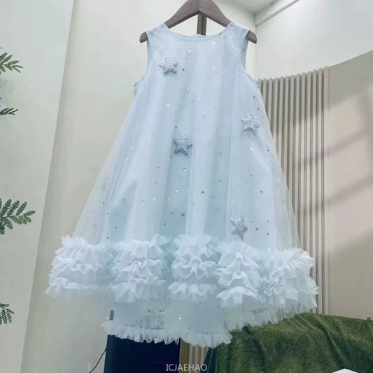 Teen Girl Clothes 2025 New White Summer Girls Princess Dress with Wings Kids Party Gown Flower Girl Birthday Outfit Vestido