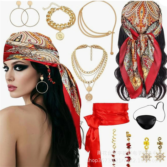 Women Pirate Accessories Headscarf Necklace Belt Eye Patch Set Outfit for Halloween Party Medieval Viking Warrior Dress Up