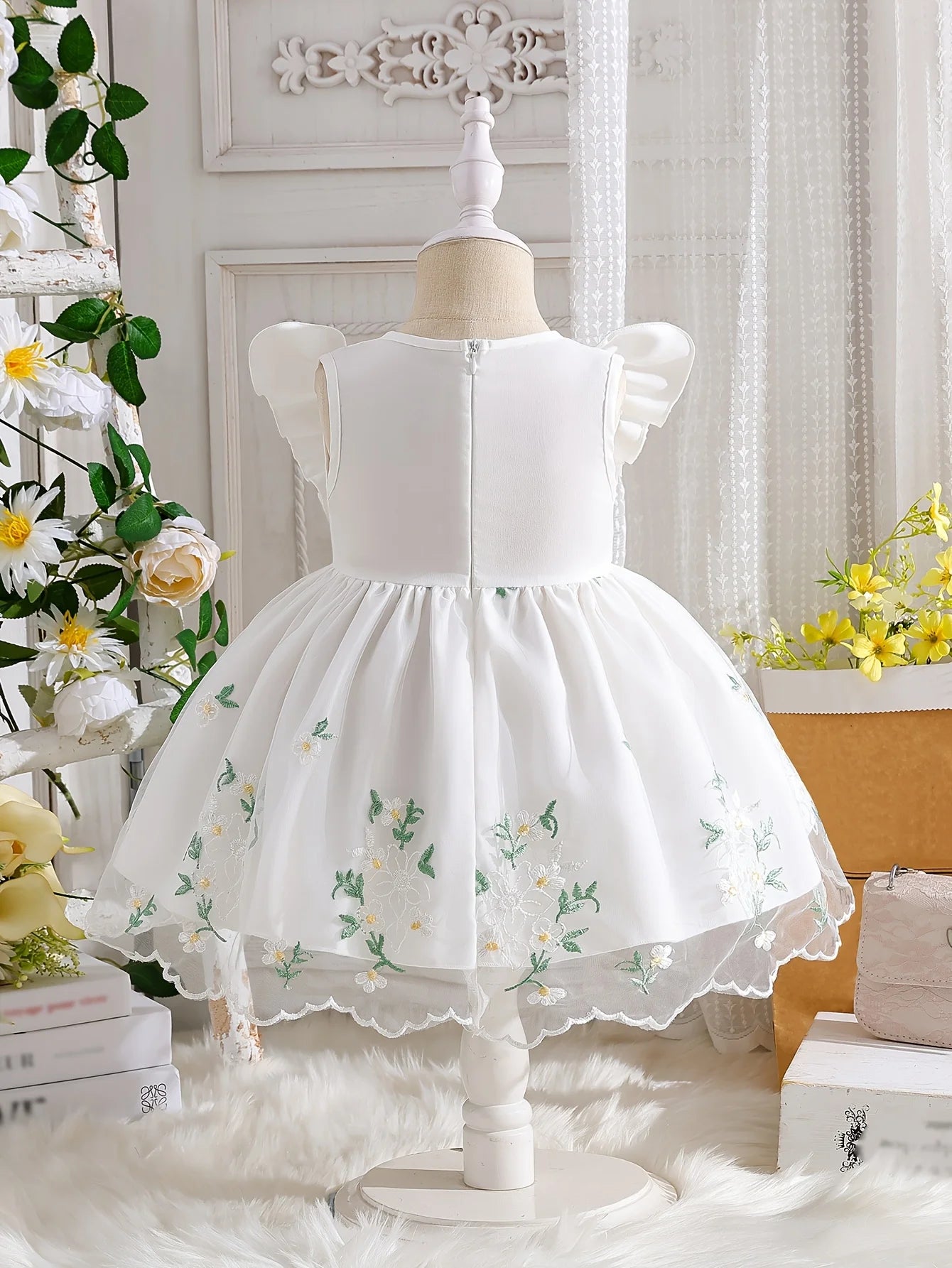 Girl Summer  White Princess Dress |Valentine's Day Gift / Girl Birthday Gift| Floral Embroidery Ruffle Party Dress