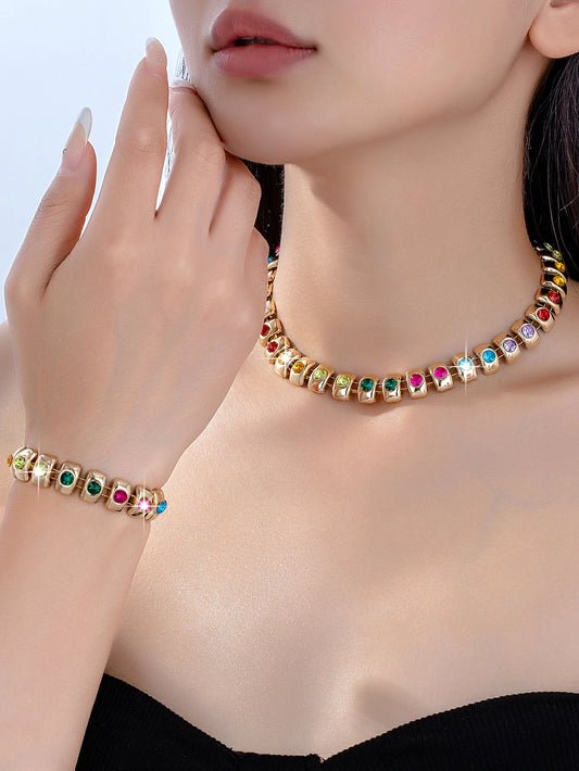 Women's Personalized Summer Bright and Luxurious High-End Full-Diamond Bracelet and Necklace Set
