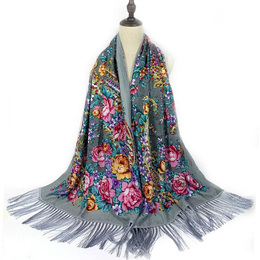 Russian National Scarf Women Floral Print Bandana Shawl Ethnic Fringed Handkerchief Babushka Hijab Head Wraps Pashmina