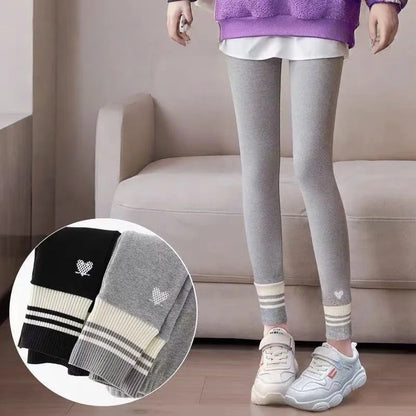 Girls Leggings Spring Autumn Casual Outerwear Pants 3-10Y Heart Pattern Ribbed Cuffs Kids Stretchy Tights Fashion Girls Bottoms