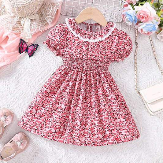 Girl's summer cute ruffled waist cinched floral print casual dress