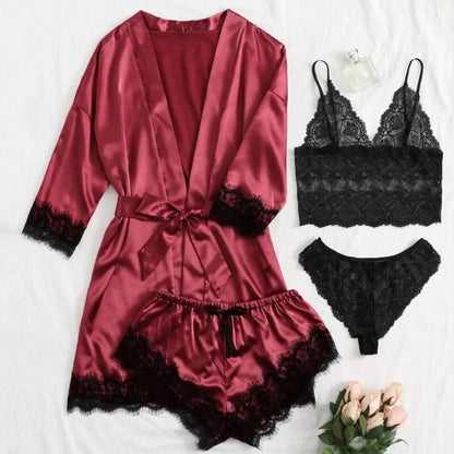 Women Homewear Elegant Satin Pajamas Outfit Bowknot V-Neck Shorts Camisole Nightdress Loose Panties Lace Sleepwear Sets Summer