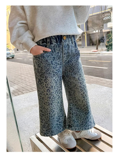 Girls' Pants 2025 New Children's Spring Clothing Spring and Autumn Fashionable Jeans Baby Girl Leopard Print Wide-leg Pants