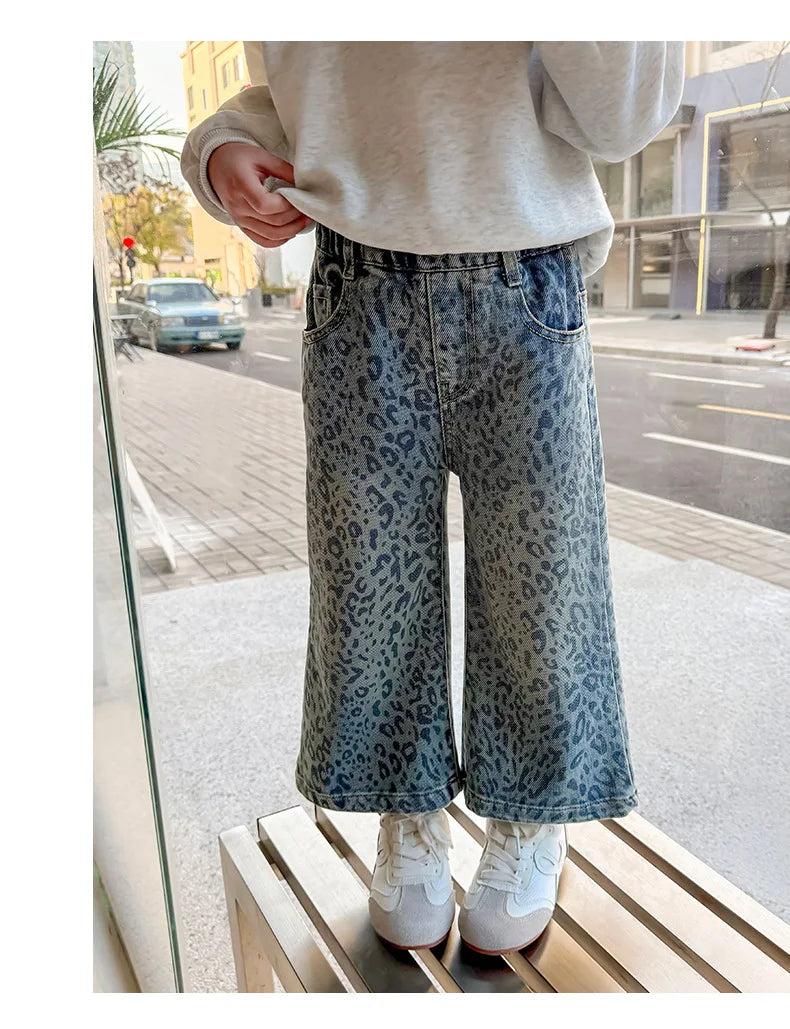 Girls' Pants 2025 New Children's Spring Clothing Spring and Autumn Fashionable Jeans Baby Girl Leopard Print Wide-leg Pants