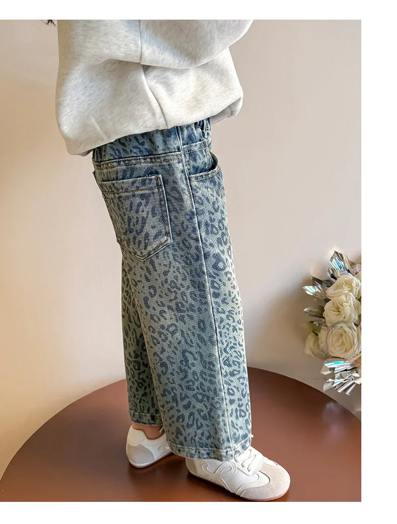 Girls' Pants 2025 New Children's Spring Clothing Spring and Autumn Fashionable Jeans Baby Girl Leopard Print Wide-leg Pants