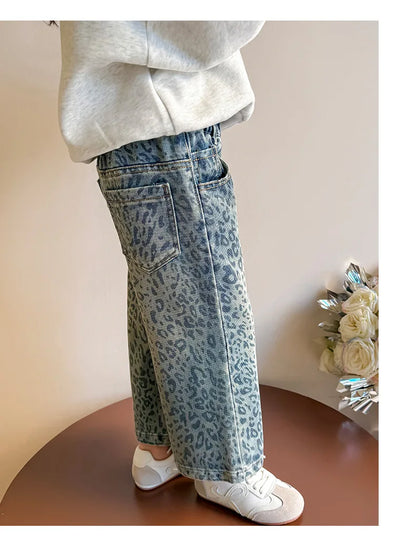 Girls' Pants 2025 New Children's Spring Clothing Spring and Autumn Fashionable Jeans Baby Girl Leopard Print Wide-leg Pants