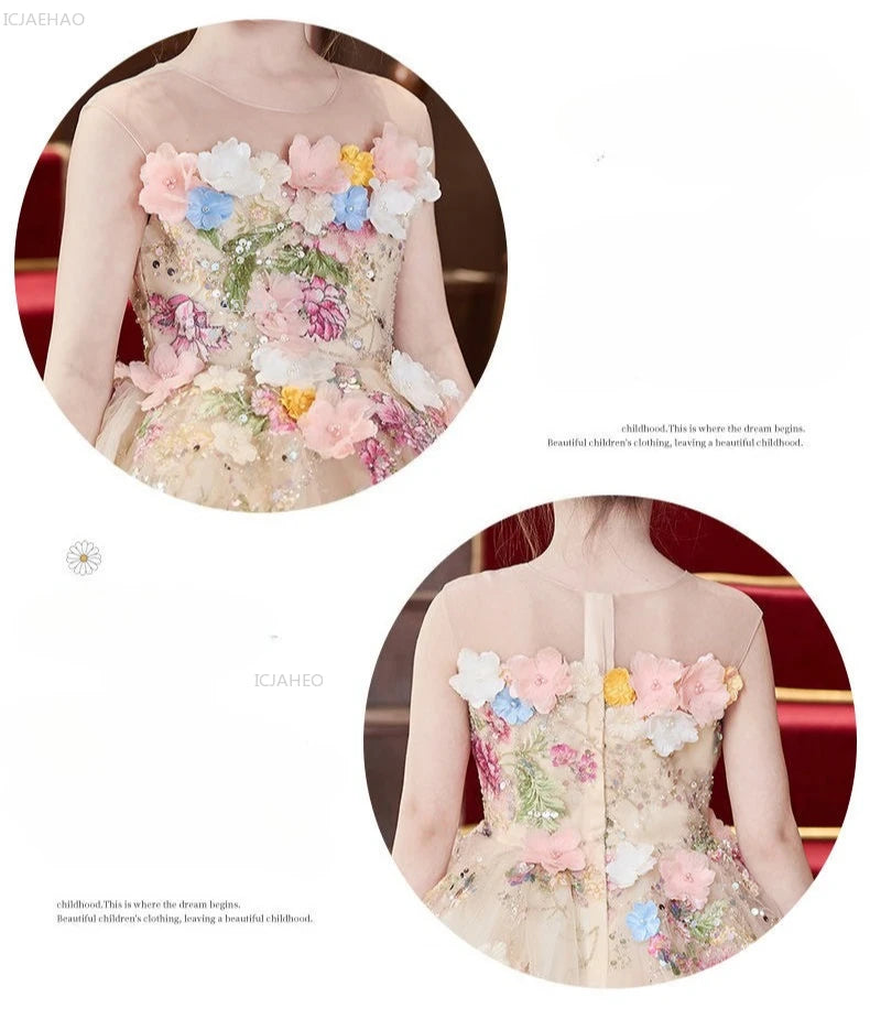 Elegant Girls Party Dress with Flowers for Girl Wedding Children Pageant Gown Dresses Little Host Piano Recital Flower Eids