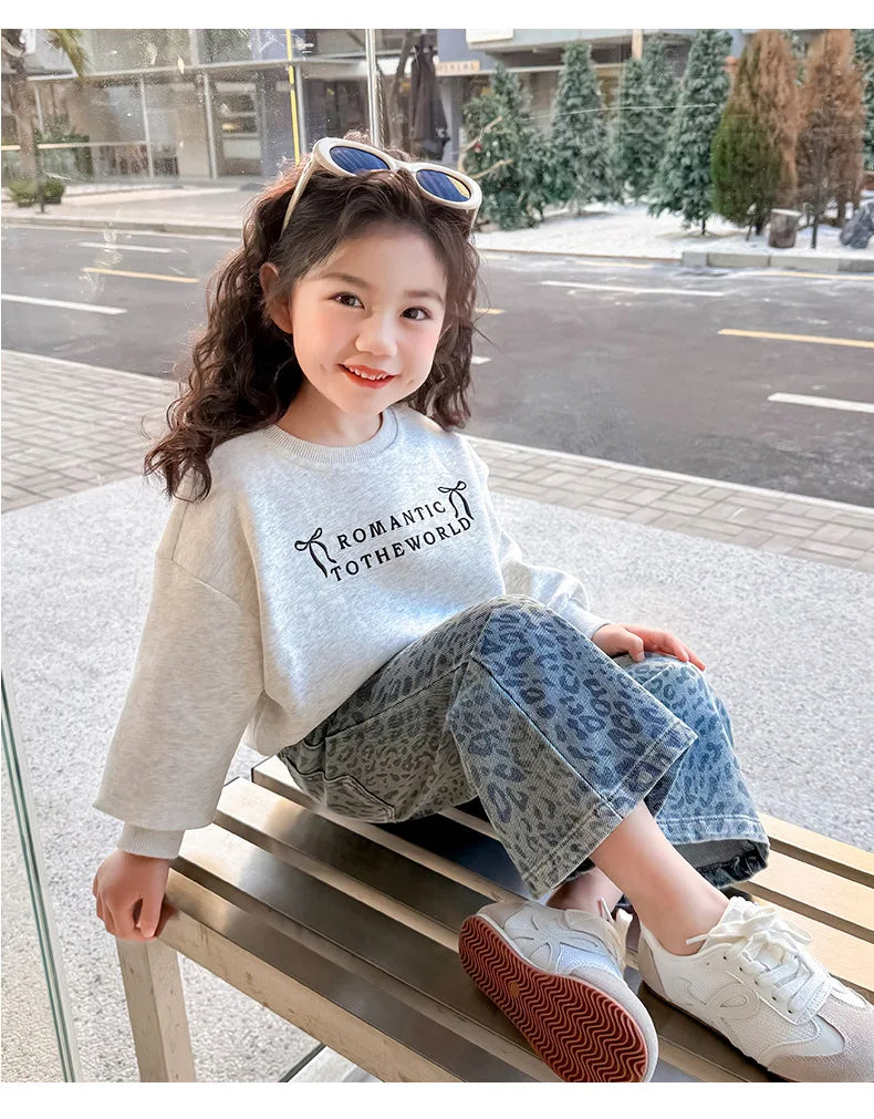 Girls' Pants 2025 New Children's Spring Clothing Spring and Autumn Fashionable Jeans Baby Girl Leopard Print Wide-leg Pants