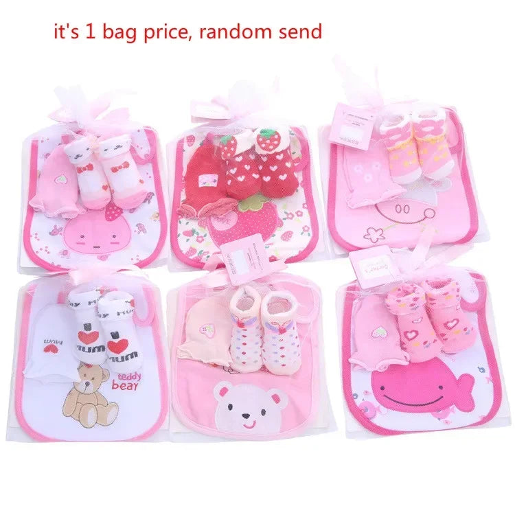 1 bag Baby Cotton Bibs Towel Socks Sets Newborn Kids Burp Cloths+Socks +Anti-scratch Gloves Boys Girls Christmas Birthday Gift