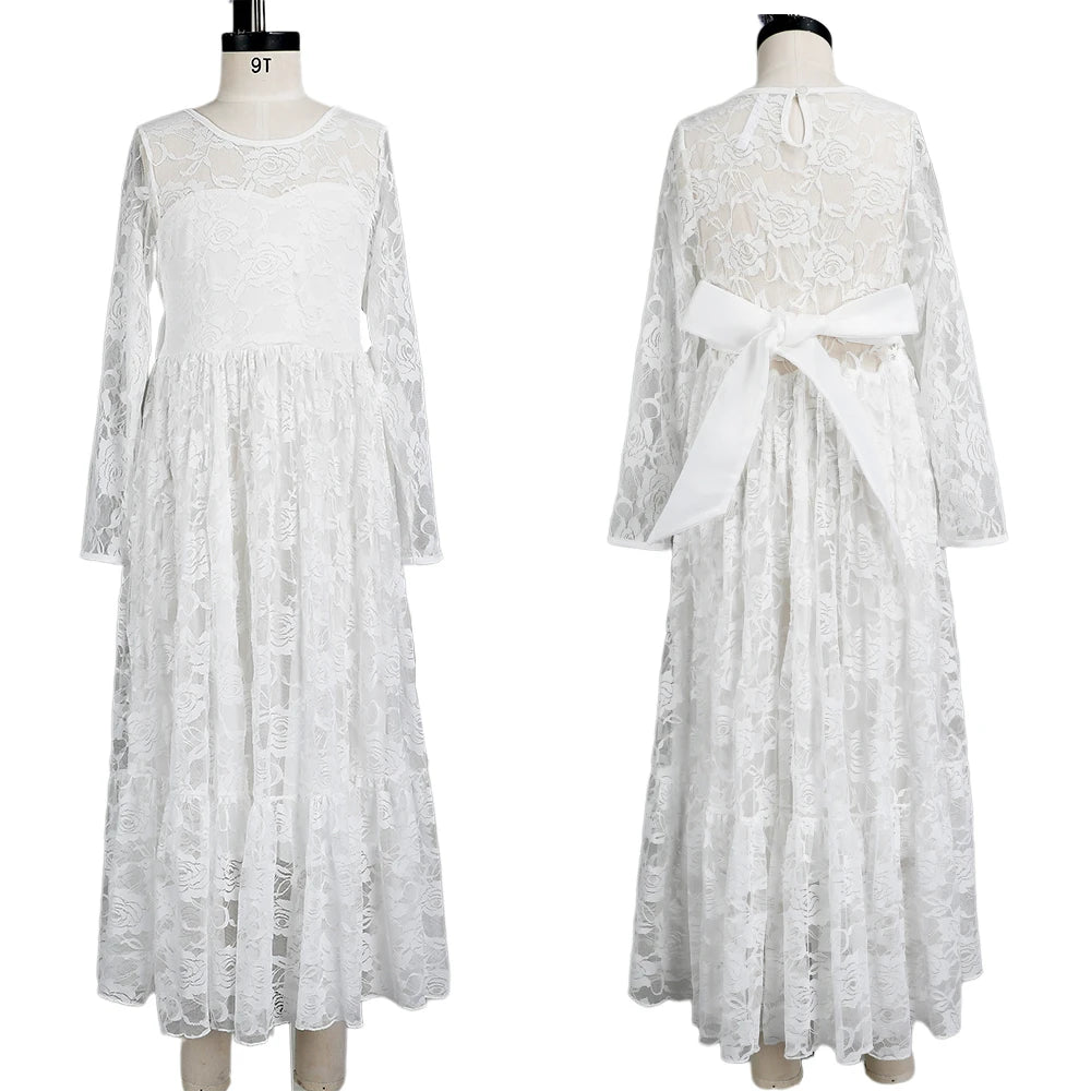 2-12 Year Flower Girl Dresses White Beige Long Sleeve Summer Dress Communion Toddler Kids Christening Wedding Bridesmaid Clothes
