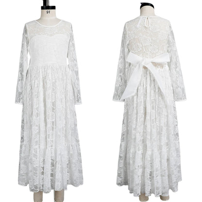 2-12 Year Flower Girl Dresses White Beige Long Sleeve Summer Dress Communion Toddler Kids Christening Wedding Bridesmaid Clothes