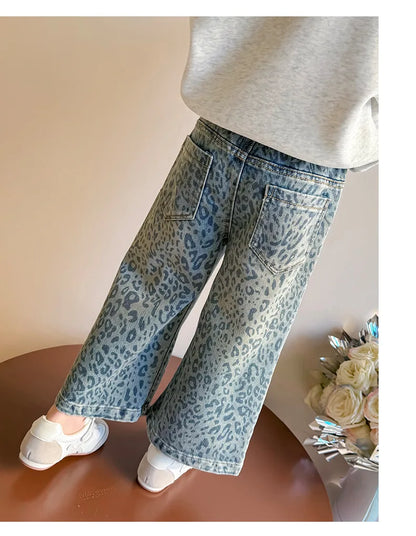 Girls' Pants 2025 New Children's Spring Clothing Spring and Autumn Fashionable Jeans Baby Girl Leopard Print Wide-leg Pants