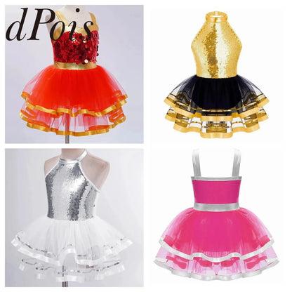 Summer Girls Clothes Sequins Tutu Dress for Dancing Birthday Party Ball Gown Festival Ballet Jazz Dance Costume Holiday Dresses