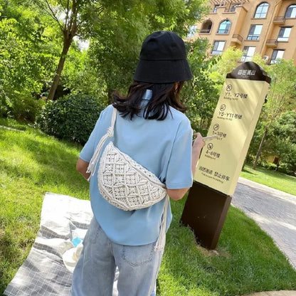 Women's Summer Beach Knitted Bag Bohemia Fanny Pack Fashion Ethnic Style Crochet Waist Bag Shoulder Bag Woven Outdoor Tote 2024