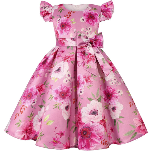 Children's Summer Dresses Fashion Flower Print Dress For Girls Flying Sleeve Bowknot Princess Dress Kids Girl Clothes Outfits
