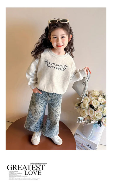 Girls' Pants 2025 New Children's Spring Clothing Spring and Autumn Fashionable Jeans Baby Girl Leopard Print Wide-leg Pants