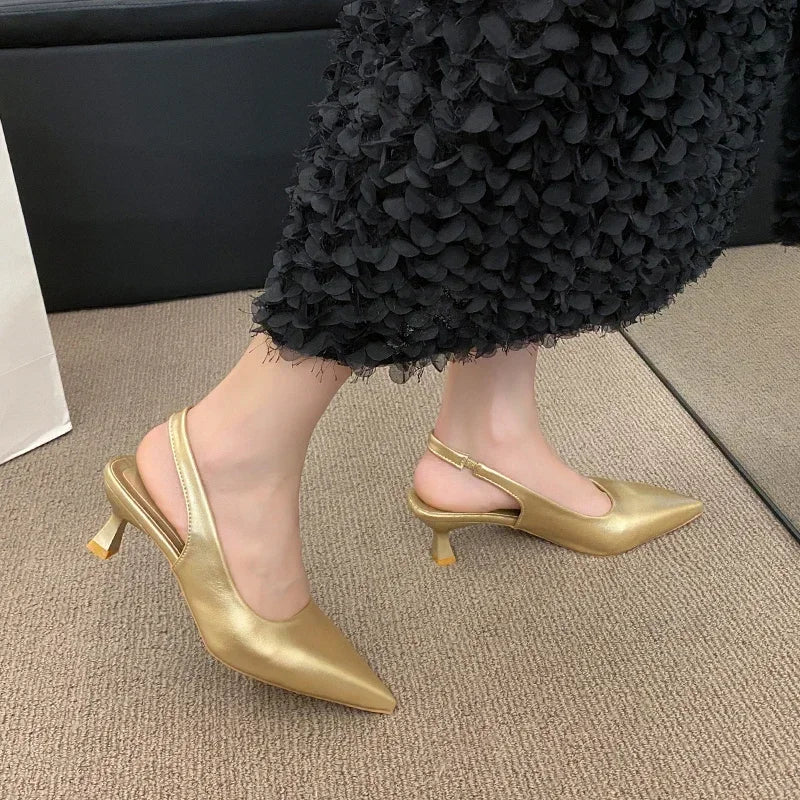 Fashion Female Shoes 2025 New Women's Pumps Solid Color Simple Mid Heel Shoes Sexy Pointed Toe Slingback Elegant Dress Shoes