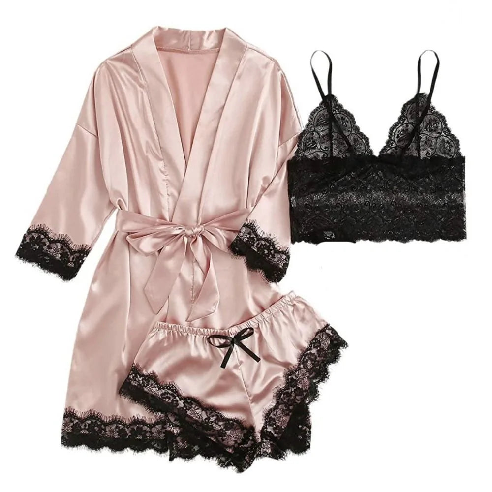 Women Homewear Elegant Satin Pajamas Outfit Bowknot V-Neck Shorts Camisole Nightdress Loose Panties Lace Sleepwear Sets Summer