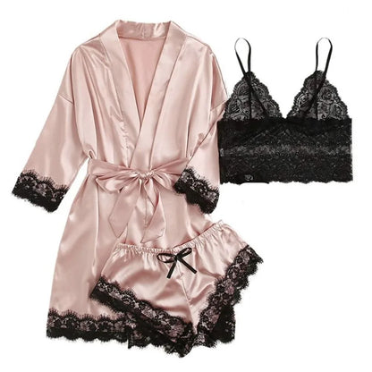 Women Homewear Elegant Satin Pajamas Outfit Bowknot V-Neck Shorts Camisole Nightdress Loose Panties Lace Sleepwear Sets Summer