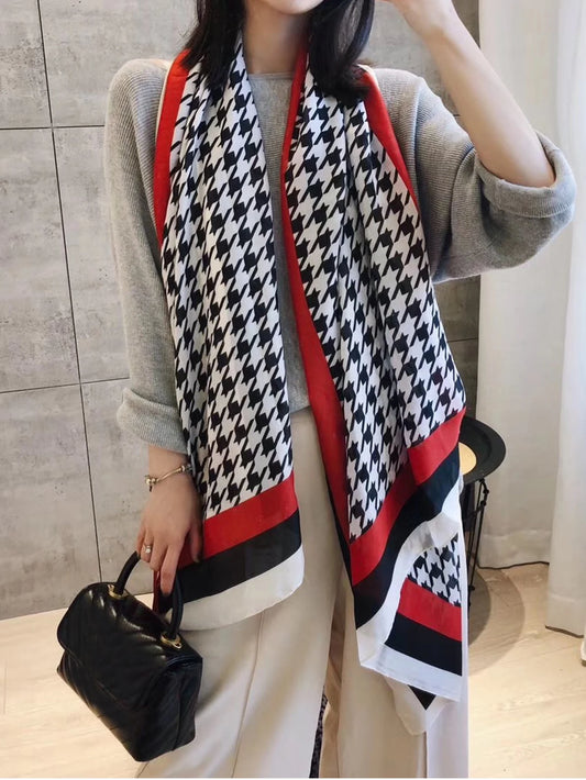 Fashion Scarf Women's Luxury Design Scarf Silk Smooth Scarf Ladies Houndstooth Pattern Soft Headband Shawl Beach180*90cm