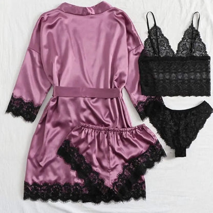 Women Homewear Elegant Satin Pajamas Outfit Bowknot V-Neck Shorts Camisole Nightdress Loose Panties Lace Sleepwear Sets Summer