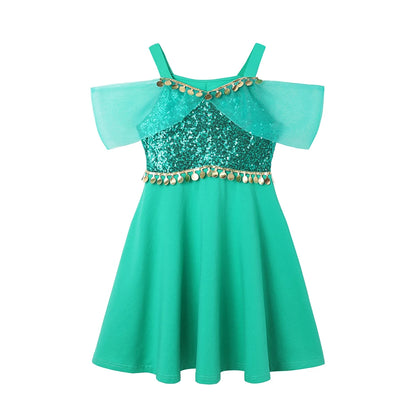 Summer Casual Dress for Girls Mermaid Dress One-Shoulder Sling Short Sleeve Cosplay Princess Costume Casual Vest 2-10 Years