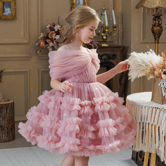 Girl's One-Shoulder Cake Dress for Important Holidays, Dance Parties, Piano Performances, Model Performances, Birthday Parties, Princess Dresses, Flower Girl Dresses