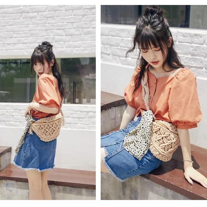 Women's Summer Beach Knitted Bag Bohemia Fanny Pack Fashion Ethnic Style Crochet Waist Bag Shoulder Bag Woven Outdoor Tote 2024