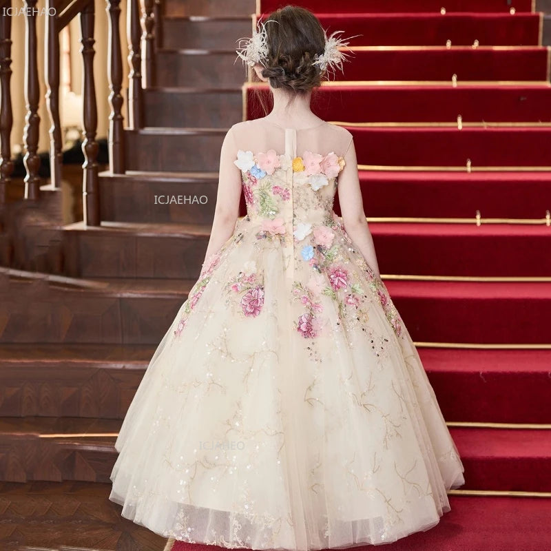 Elegant Girls Party Dress with Flowers for Girl Wedding Children Pageant Gown Dresses Little Host Piano Recital Flower Eids