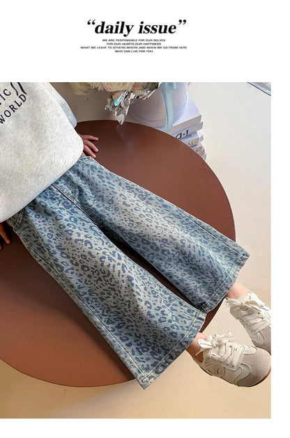 Girls' Pants 2025 New Children's Spring Clothing Spring and Autumn Fashionable Jeans Baby Girl Leopard Print Wide-leg Pants