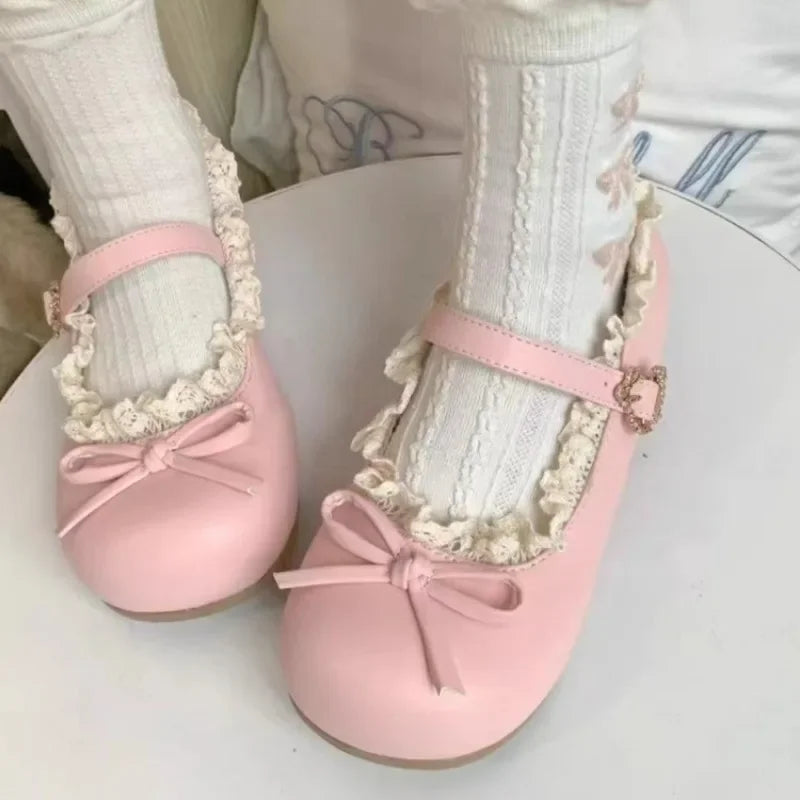 Women's Fashion Single Shoes Spring New Round Head Shallow Mouth Butterfly Knot Metal Buckle Soft Sole Non-slip Flat Shoes