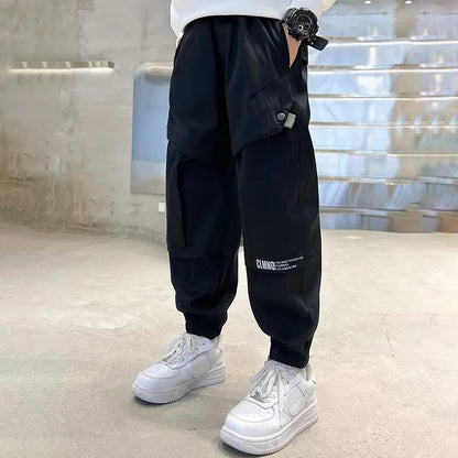 Boys Fashion Letter Print Cotton Cargo Pants 5-14 Years Spring Autumn Casual Sweatpants for Daily Outdoor Kids Clothes