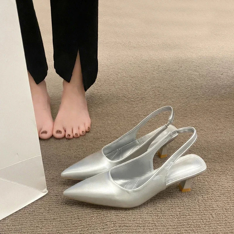 Fashion Female Shoes 2025 New Women's Pumps Solid Color Simple Mid Heel Shoes Sexy Pointed Toe Slingback Elegant Dress Shoes
