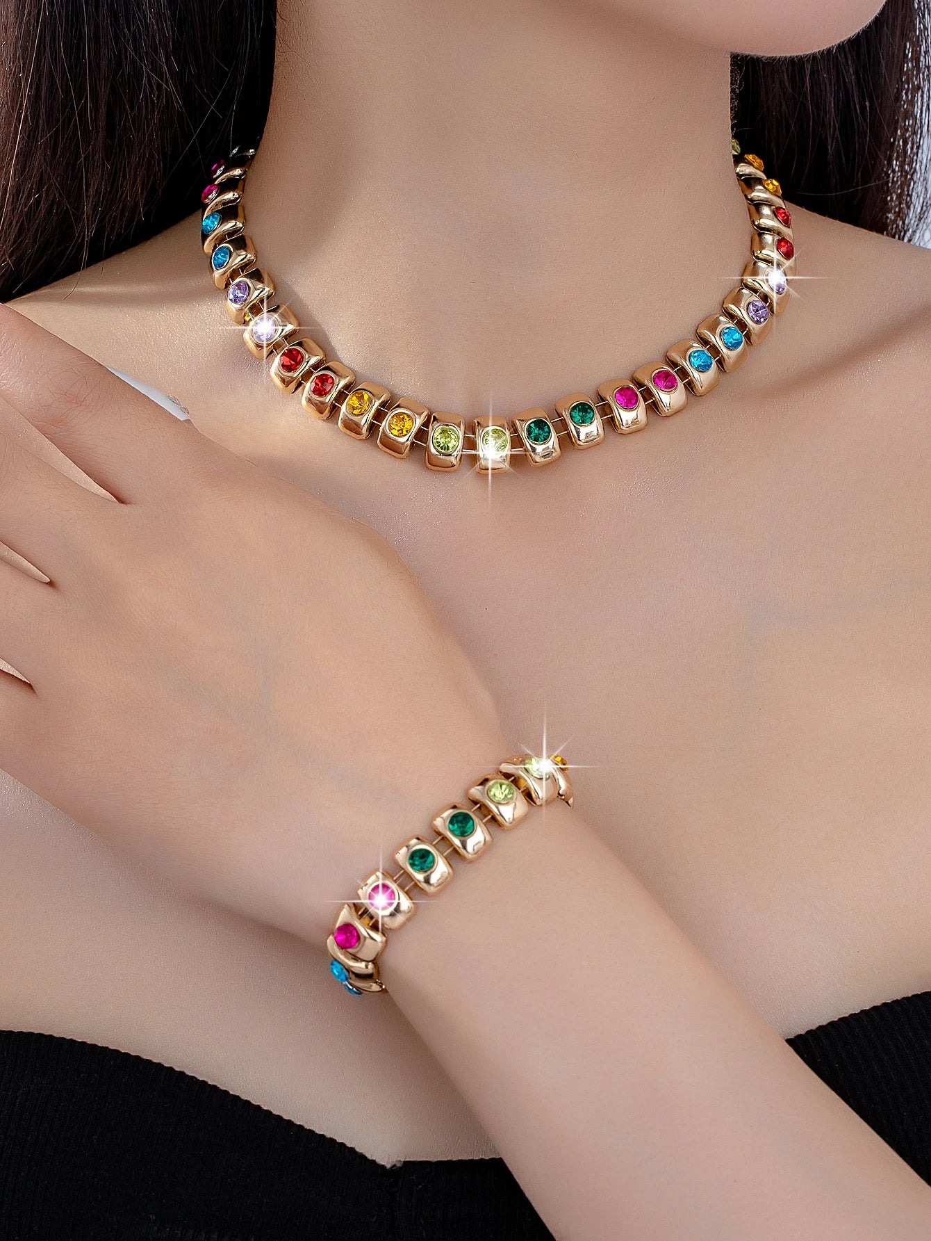 Women's Personalized Summer Bright and Luxurious High-End Full-Diamond Bracelet and Necklace Set